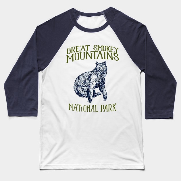 Great Smokey Mountains National Park: Falling Black Bear Baseball T-Shirt by calebfaires